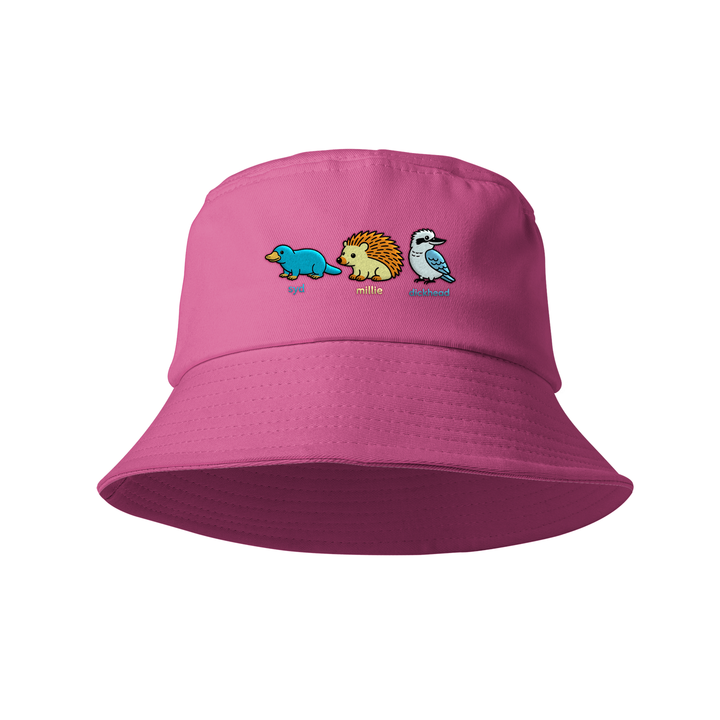 Pink bucket hat with embroidered designs on a white background