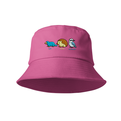 Pink bucket hat with embroidered designs on a white background